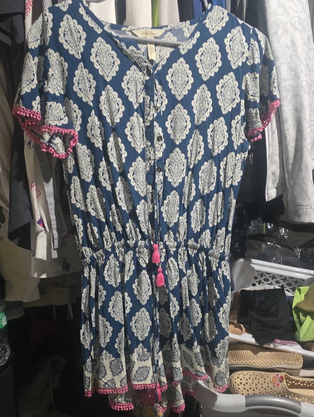 Matilda Jane Navy and Cream Patterned Tassel Romper with Pink Trim